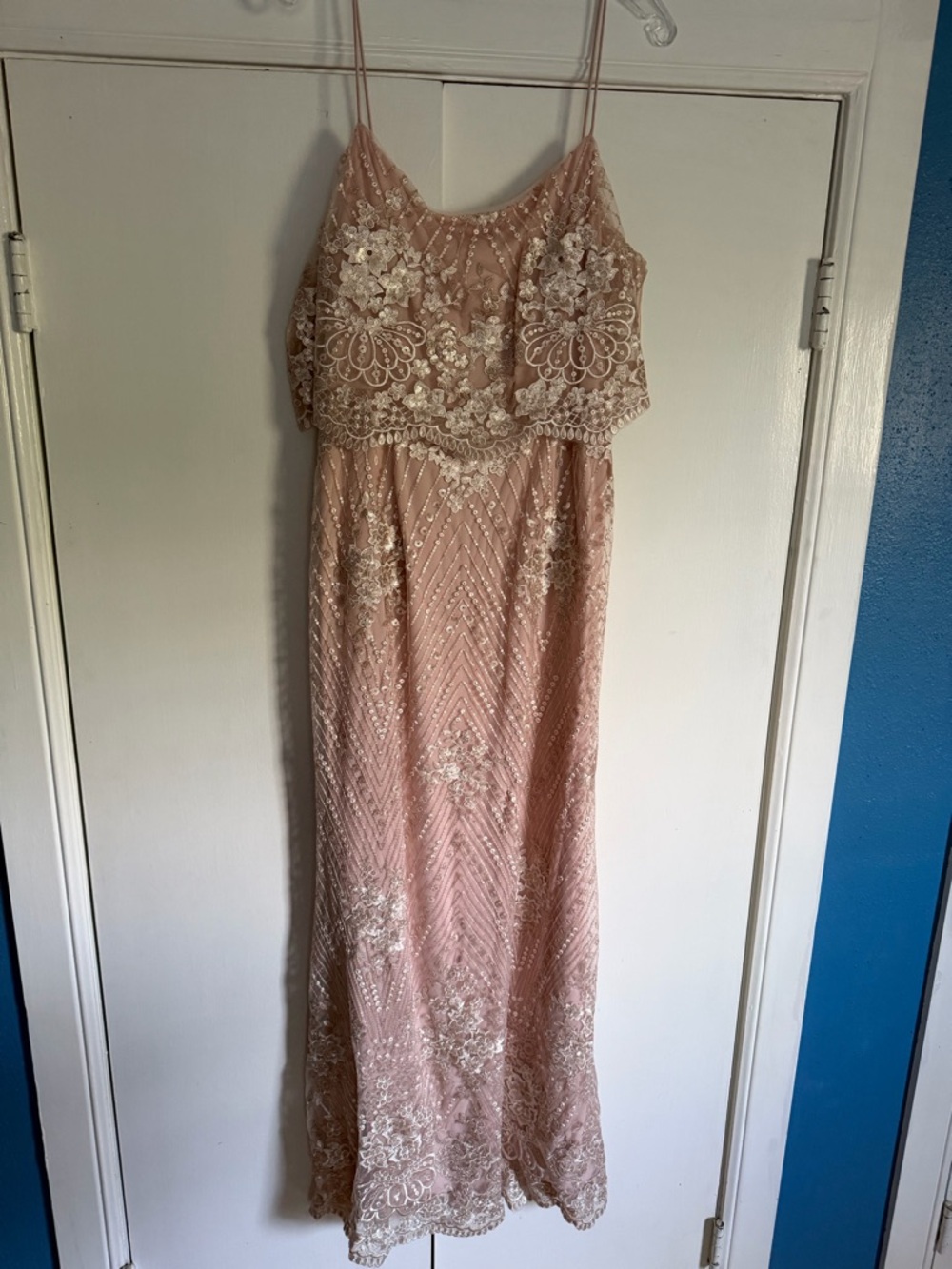 Adrianna Papell Blush Pink Beaded Lace Evening Dress
